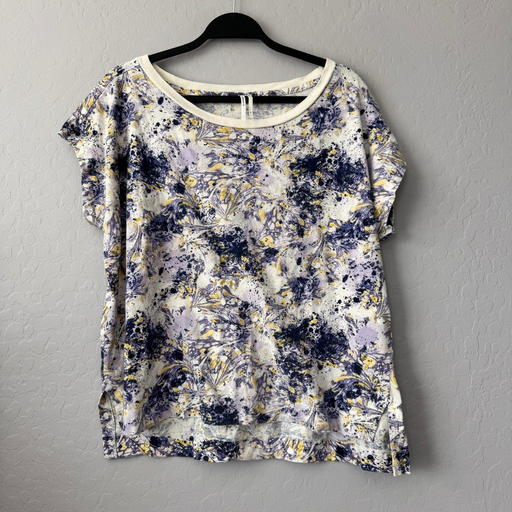 Anthropologie XL Top Purple Yellow Abstract Marbled Short Sleeve Scoop Neck Tee